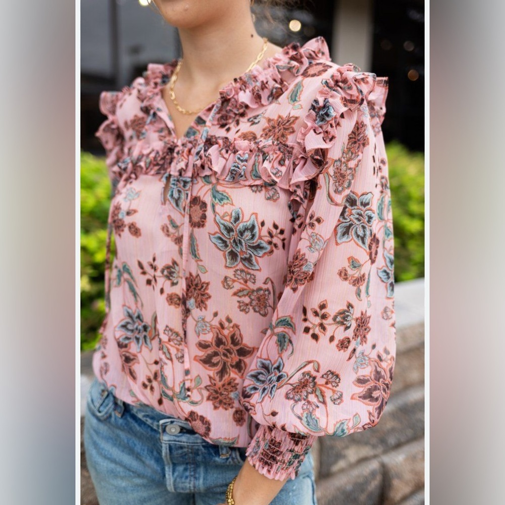 MISA Raffi Top Choco Rose Floral Ruffle Blouse